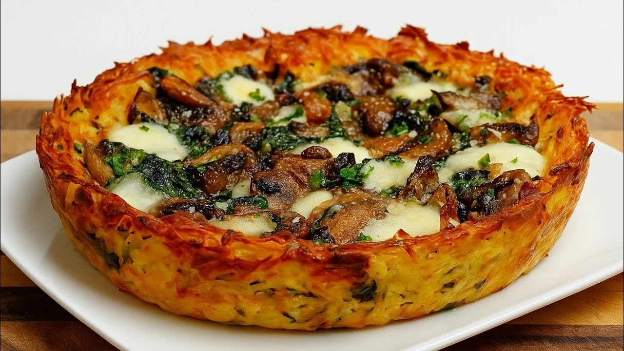 Crispy Grated Potato Pie with Spinach and Mushrooms on a rustic wooden table