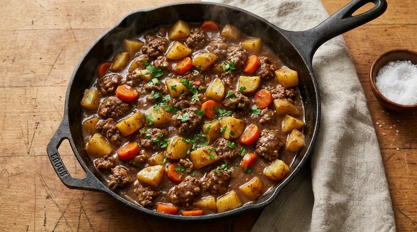 Quick and easy ground beef and potato dinner prepared by husband
